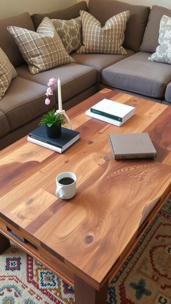 A rustic coffee table made from reclaimed wood in a cozy living room.